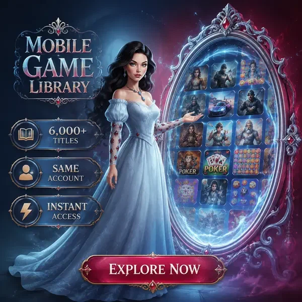 Tournament Duchess gebaart naar betoverd spiegelportaal dat de 6.000+ app-titels van de Mobiele Spelbibliotheek toont